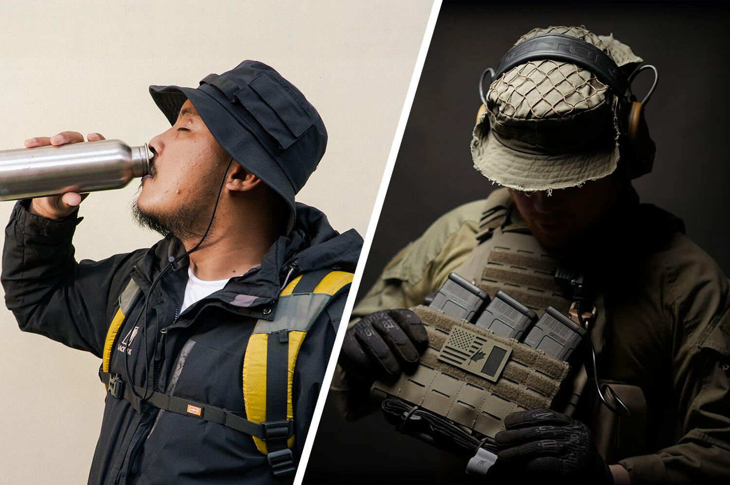 Side-by-side comparison of a civilian boonie hat and a military boonie hat