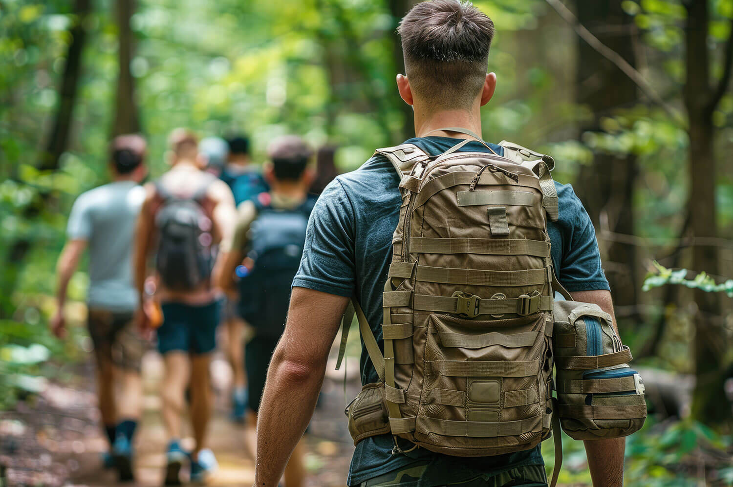 Hiker wearing a military-style backpack while hiking with friends