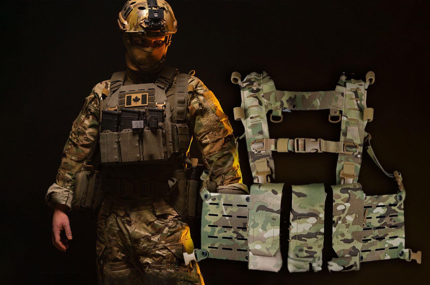 Tactical chest rig displayed in the foreground with a soldier in the background demonstrating how it is worn