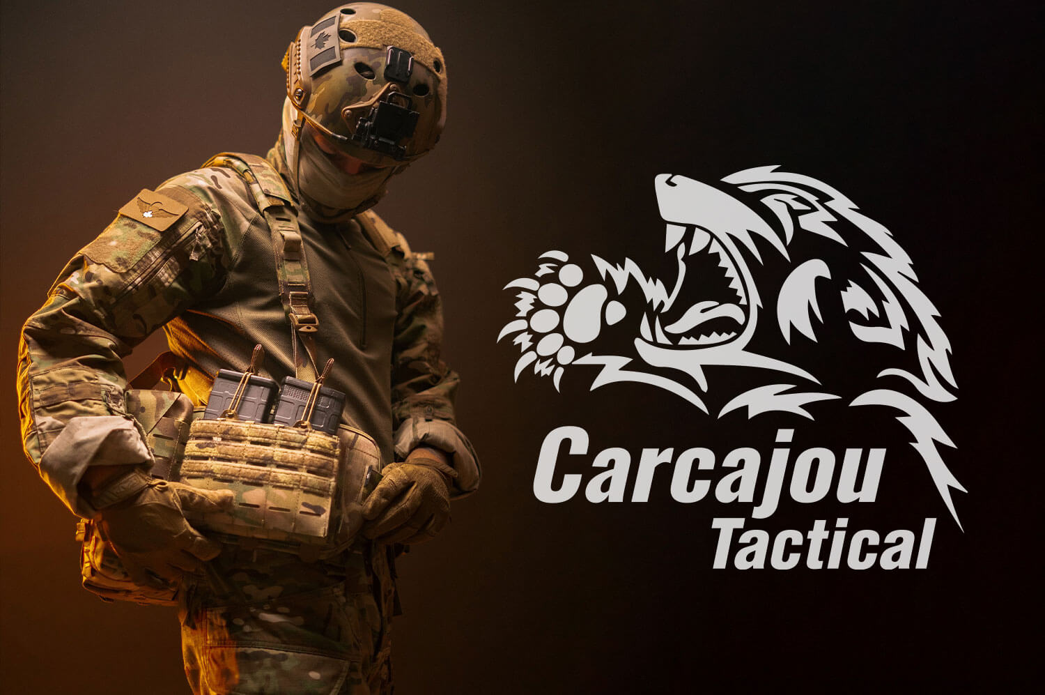 Soldier adjusting his tactical ammo pouch with the Carcajou Tactical logo visible on the right