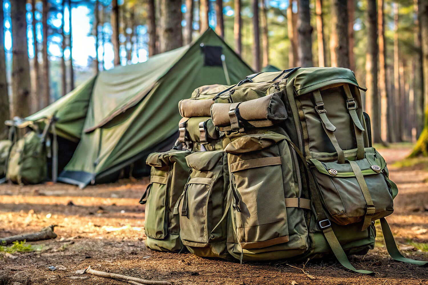 Military tactical backpack near a camping tent in the woods