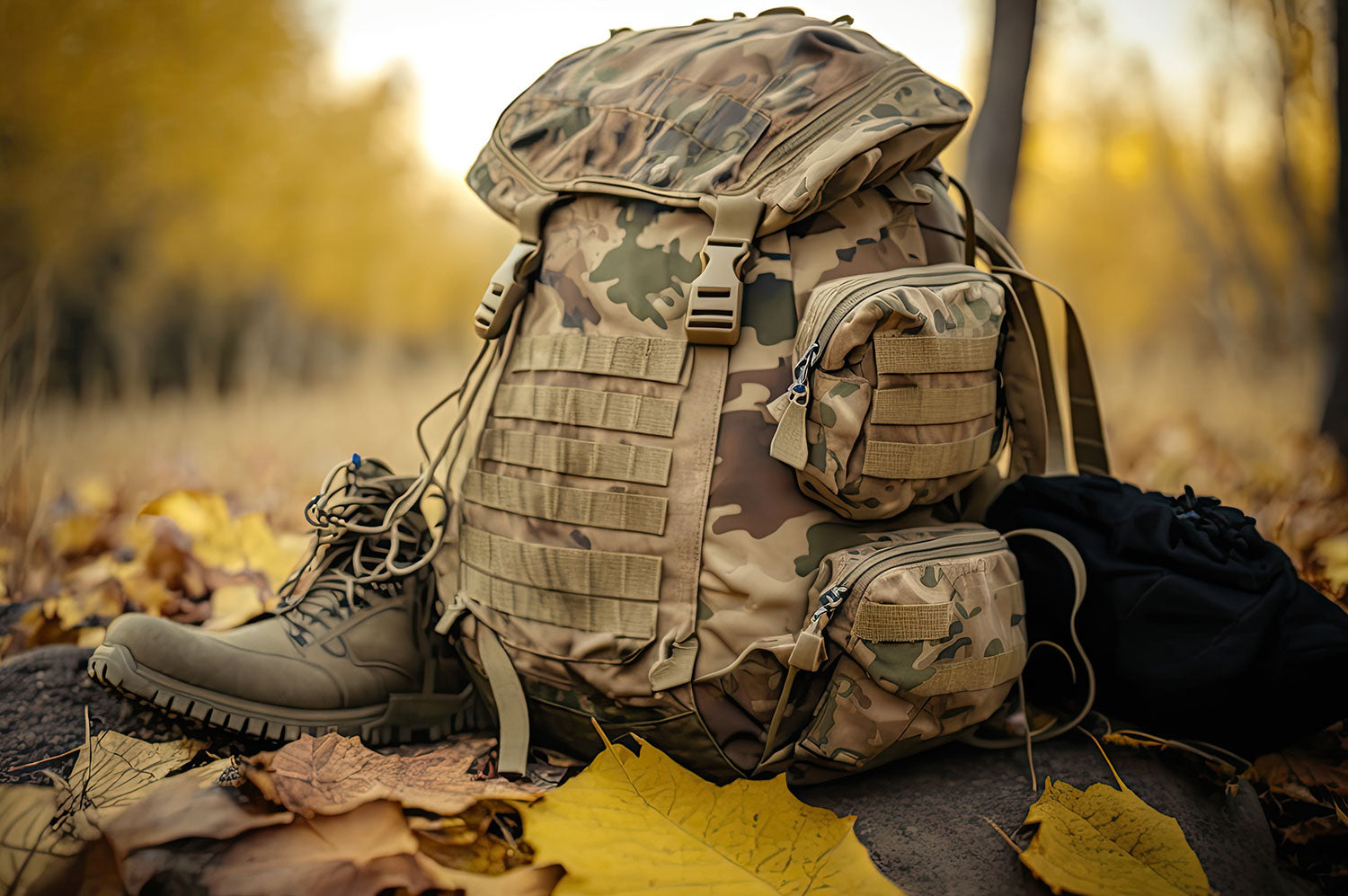 Tactical backpack on the ground with a fall-themed background