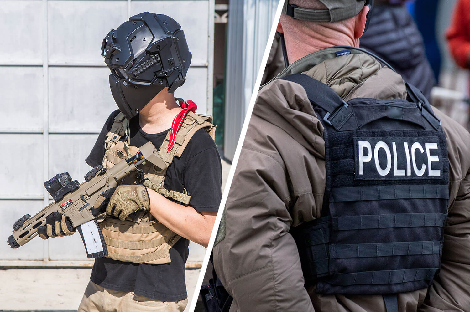 Side-by-side comparison of a civilian using a tactical vest for airsoft and a police officer wearing a tactical vest on duty